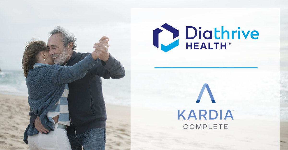 A couple happy on the beach. Diathrive Health and KardiaComplete logos.